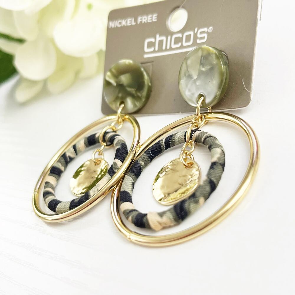 NEW Chico's Gold Tone & Green Hoop Drop Earrings - Picture 4 of 5